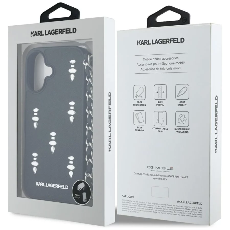 Etui Karl Lagerfeld Saffiano Crystals w/Chain na iPhone 16 - czarne