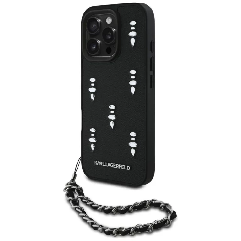 Etui Karl Lagerfeld Saffiano Crystals  w/Chain na iPhone 16 Pro - czarne