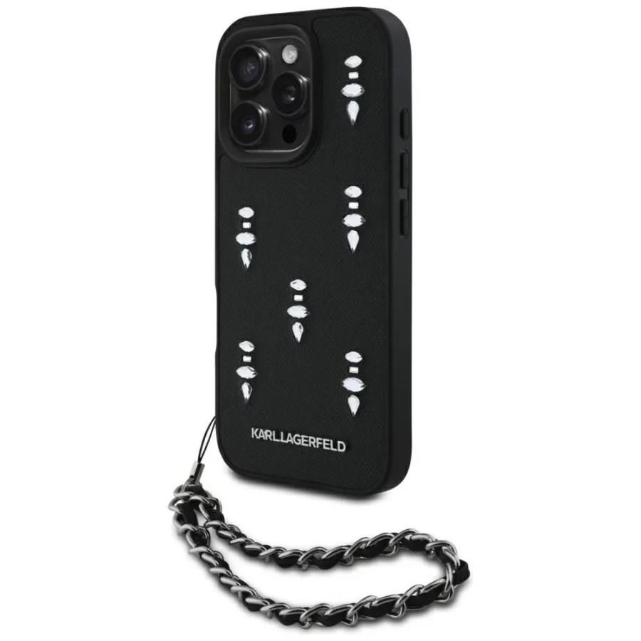 Etui Karl Lagerfeld Saffiano Crystals  w/Chain na iPhone 16 Pro - czarne