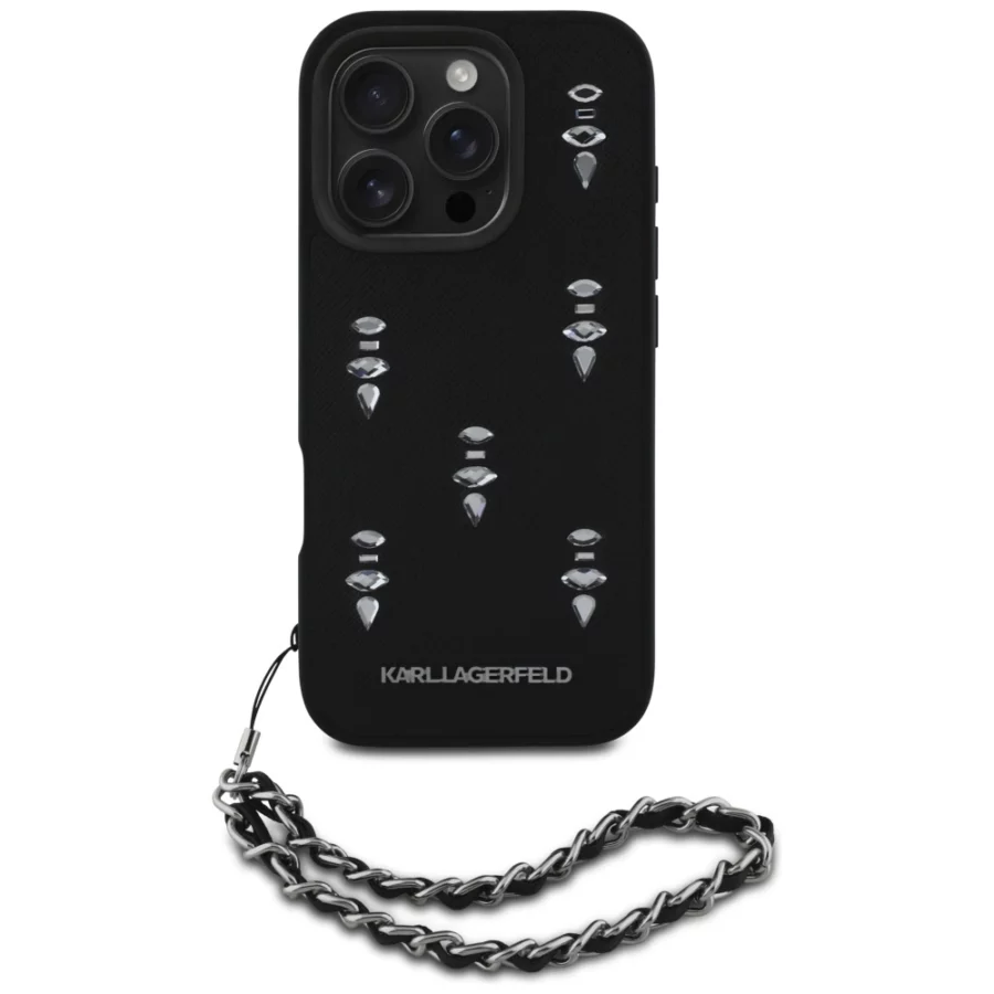 Etui Karl Lagerfeld Saffiano Crystals  w/Chain na iPhone 16 Pro - czarne
