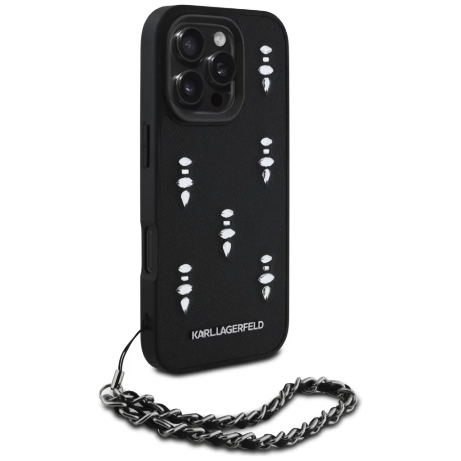 Etui Karl Lagerfeld Saffiano Crystals  w/Chain na iPhone 16 Pro - czarne