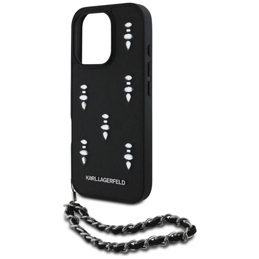 Etui Karl Lagerfeld Saffiano Crystals  w/Chain na iPhone 16 Pro - czarne