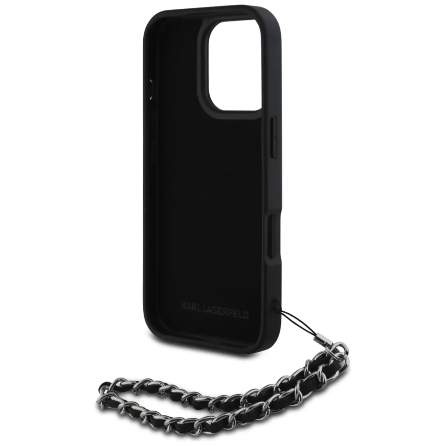 Etui Karl Lagerfeld Saffiano Crystals  w/Chain na iPhone 16 Pro - czarne