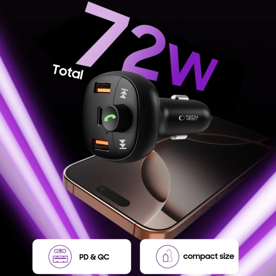 Ładowarka samochodowa Tech-Protect CC06 3-porty PD72W z transmiterem - czarna