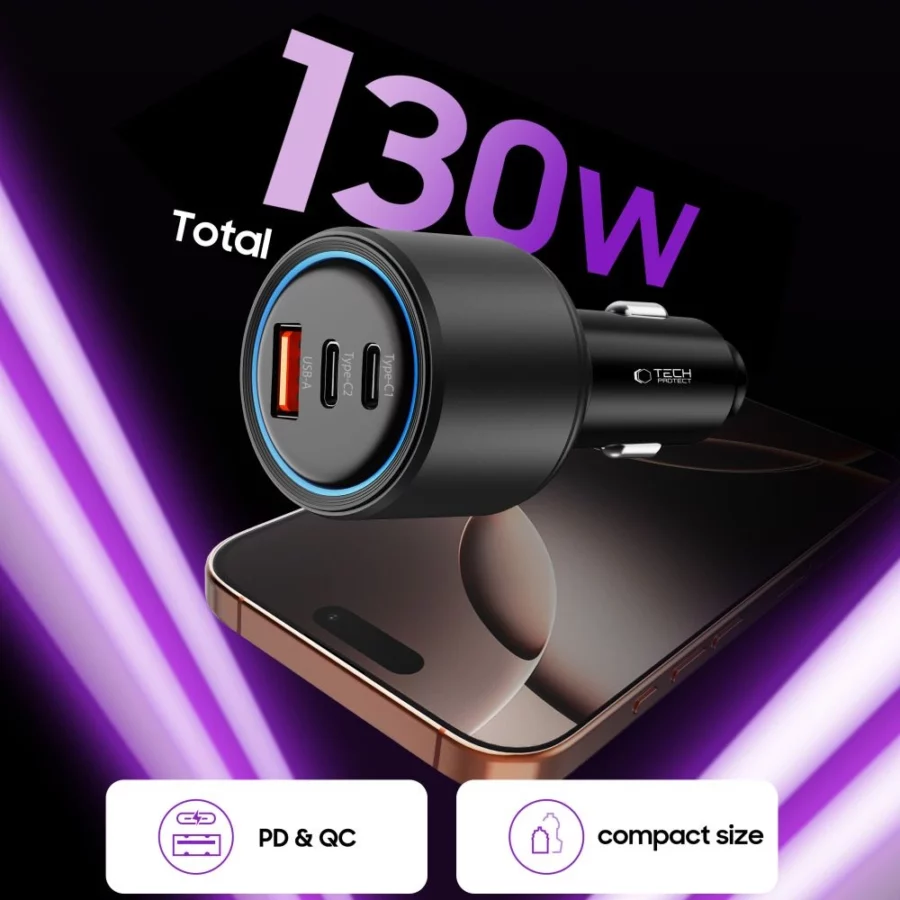 Ładowarka samochodowa CC04 3-porty PD130W - czarna