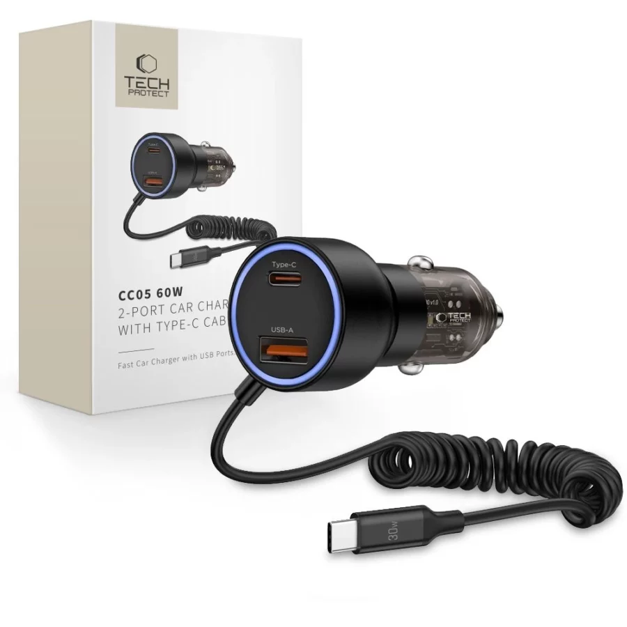 Ładowarka samochodowa CC05 2-porty PD60 W + kabel USB-C - czarna