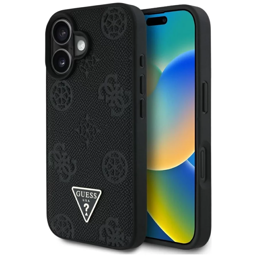 Etui Guess Grained Hot Stamp Peony Triangle Logo MagSafe na iPhone 16 - czarne