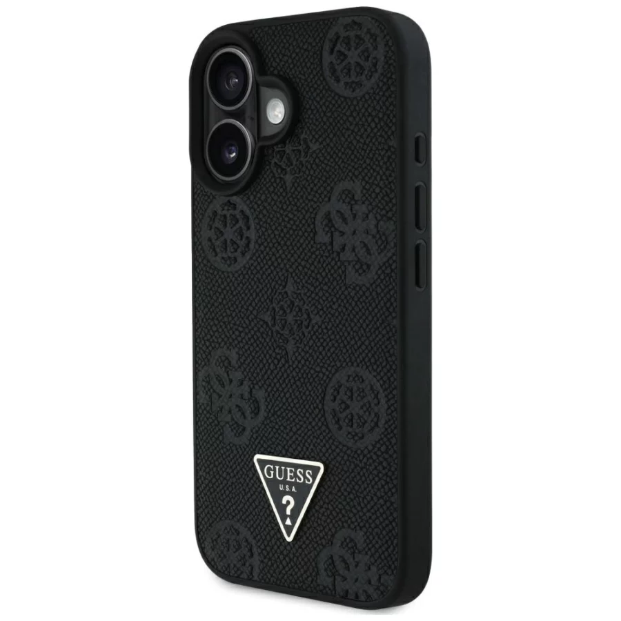 Etui Guess Grained Hot Stamp Peony Triangle Logo MagSafe na iPhone 16 - czarne