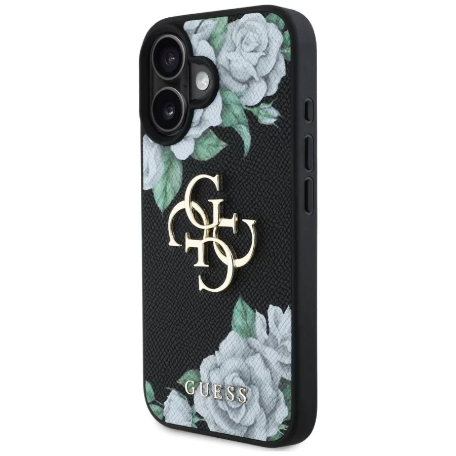 Etui Guess Grained Roses Big 4G logo na iPhone 16 - czarne