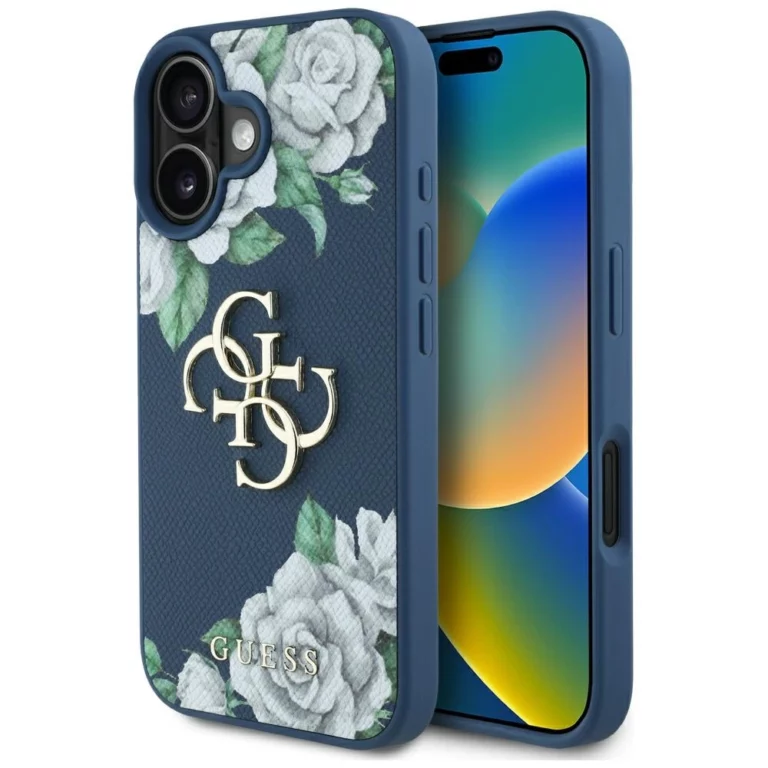 Etui Guess Grained Roses Big 4G logo na iPhone 16 - niebieskie