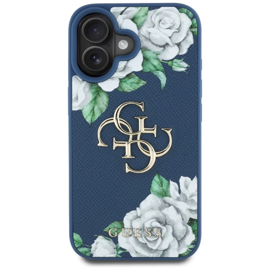 Etui Guess Grained Roses Big 4G logo na iPhone 16 - niebieskie