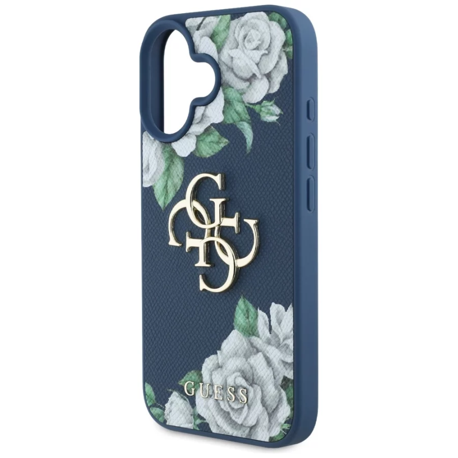 Etui Guess Grained Roses Big 4G logo na iPhone 16 - niebieskie