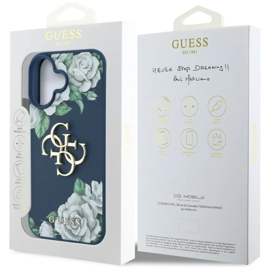 Etui Guess Grained Roses Big 4G logo na iPhone 16 - niebieskie