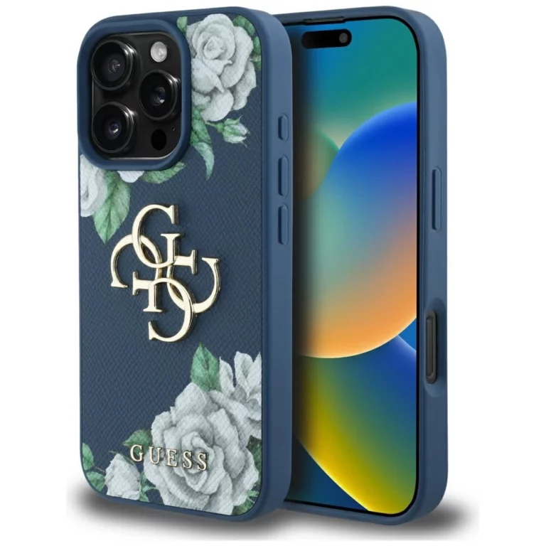 Etui Guess Grained Roses Big 4G logo na iPhone 16 Pro Max - niebieskie
