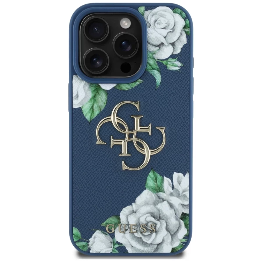 Etui Guess Grained Roses Big 4G logo na iPhone 16 Pro Max - niebieskie