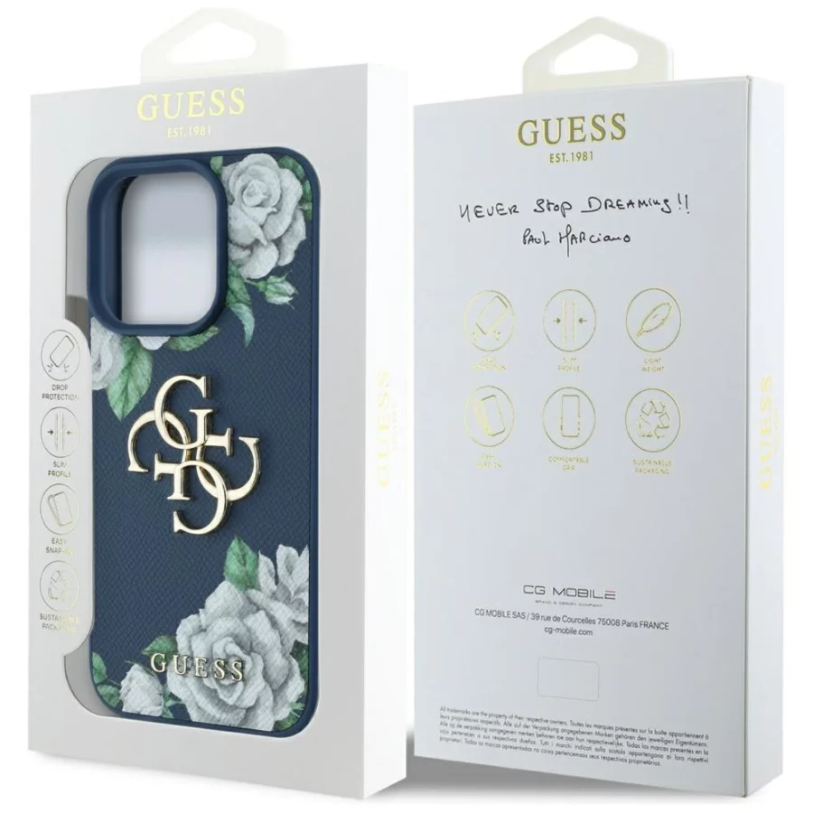 Etui Guess Grained Roses Big 4G logo na iPhone 16 Pro Max - niebieskie