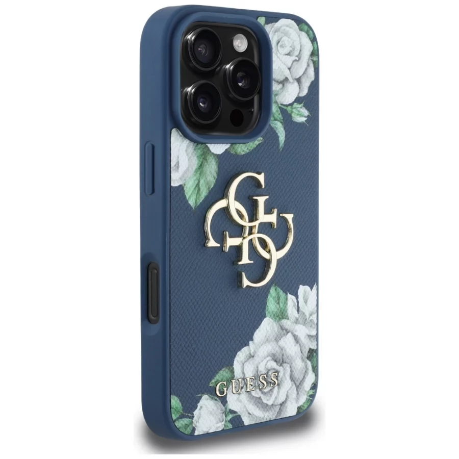 Etui Guess Grained Roses Big 4G logo na iPhone 16 Pro - niebieskie