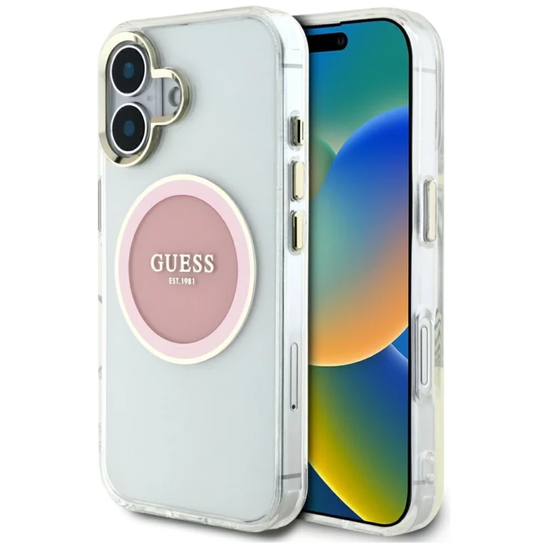 Etui Guess IML Metal Colored Circle Classic Logo MagSafe na iPhone 16 - różowe