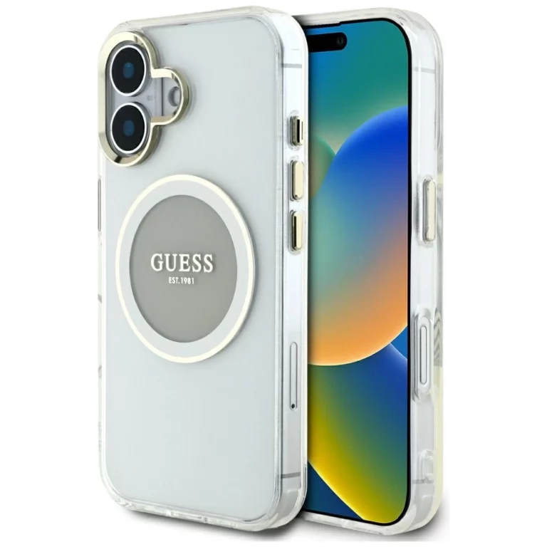 Etui Guess IML Metal Colored Circle Classic Logo MagSafe na iPhone 16 - szare