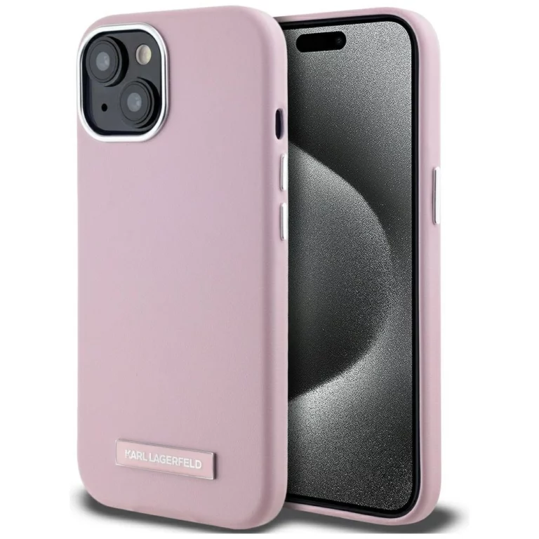 Etui Karl Lagerfeld FW Metal Plate MagSafe na iPhone 15 - różowe