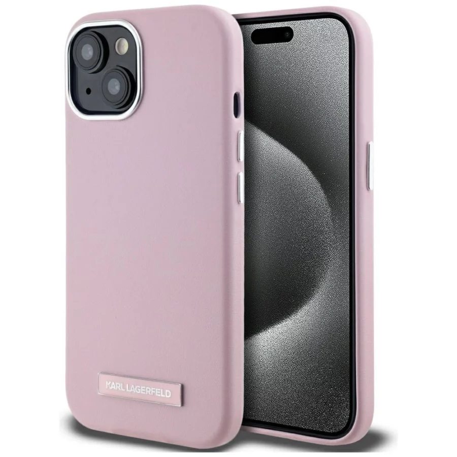Etui Karl Lagerfeld FW Metal Plate MagSafe na iPhone 15 - różowe