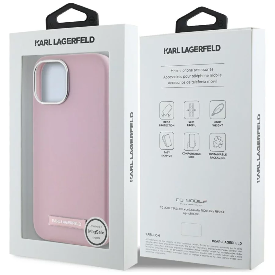 Etui Karl Lagerfeld FW Metal Plate MagSafe na iPhone 15 - różowe