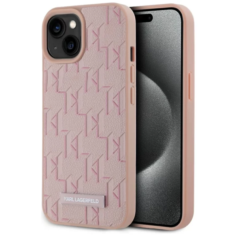 Etui Karl Lagerfeld Leather Monogram Metal Logo MagSafe na iPhone 15 - różowe