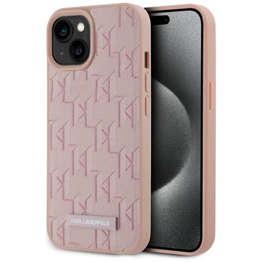 Etui Karl Lagerfeld Leather Monogram Metal Logo MagSafe na iPhone 15 - różowe