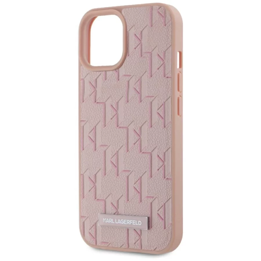 Etui Karl Lagerfeld Leather Monogram Metal Logo MagSafe na iPhone 15 - różowe