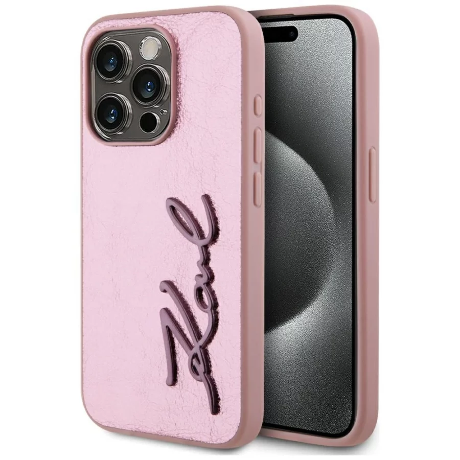 Etui Karl Lagerfeld Wrinkled Metal Signature na iPhone 15 Pro Max - różowe