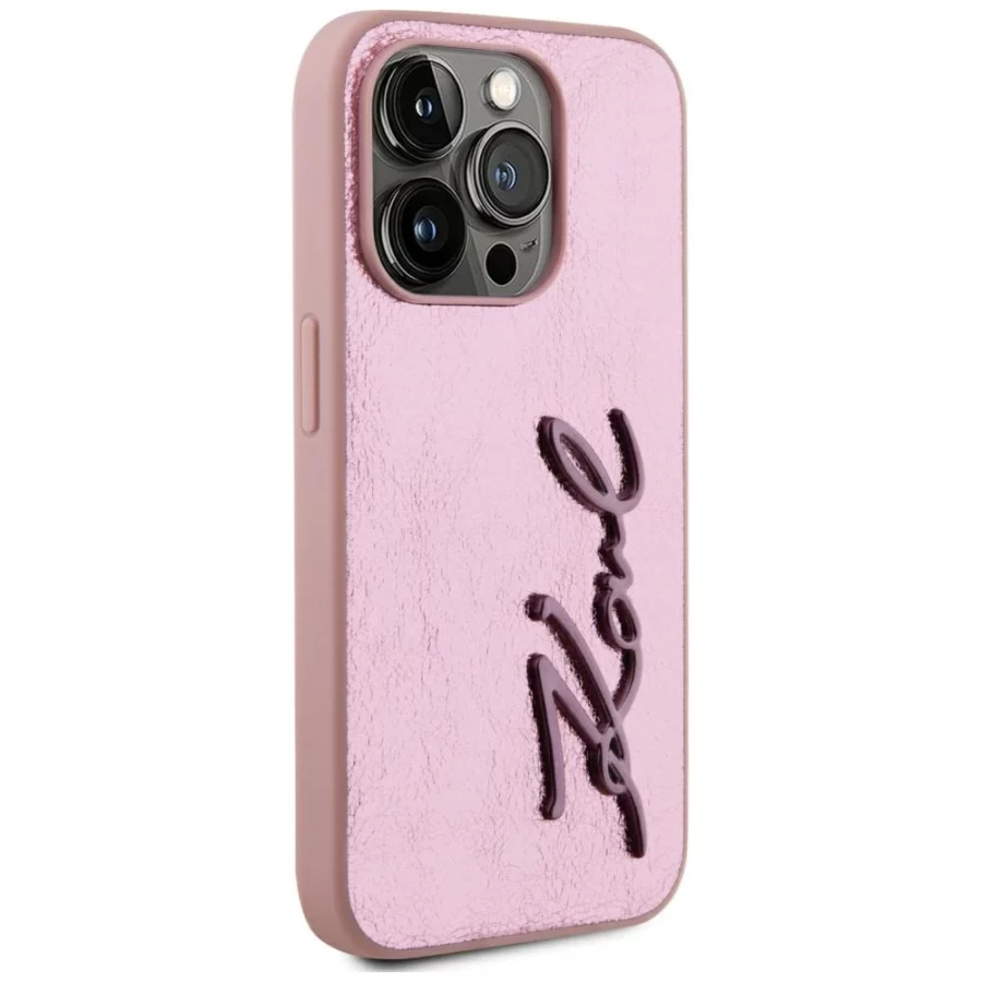 Etui Karl Lagerfeld Wrinkled Metal Signature na iPhone 15 Pro Max - różowe