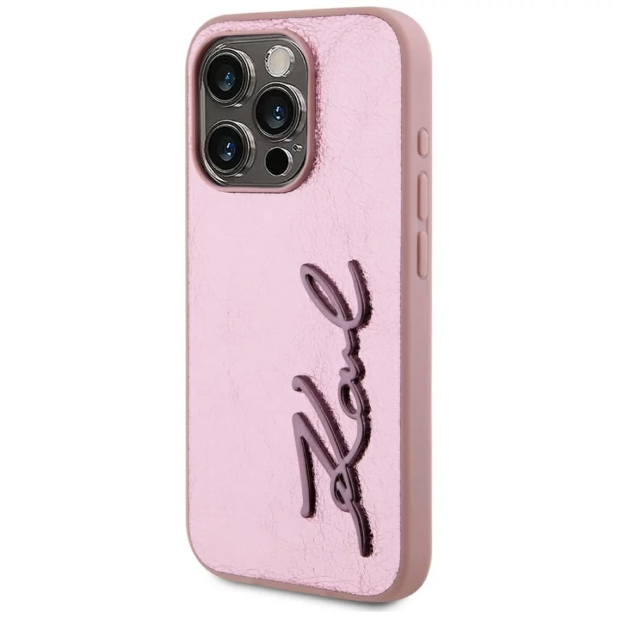 Etui Karl Lagerfeld Wrinkled Metal Signature na iPhone 15 Pro - różowe