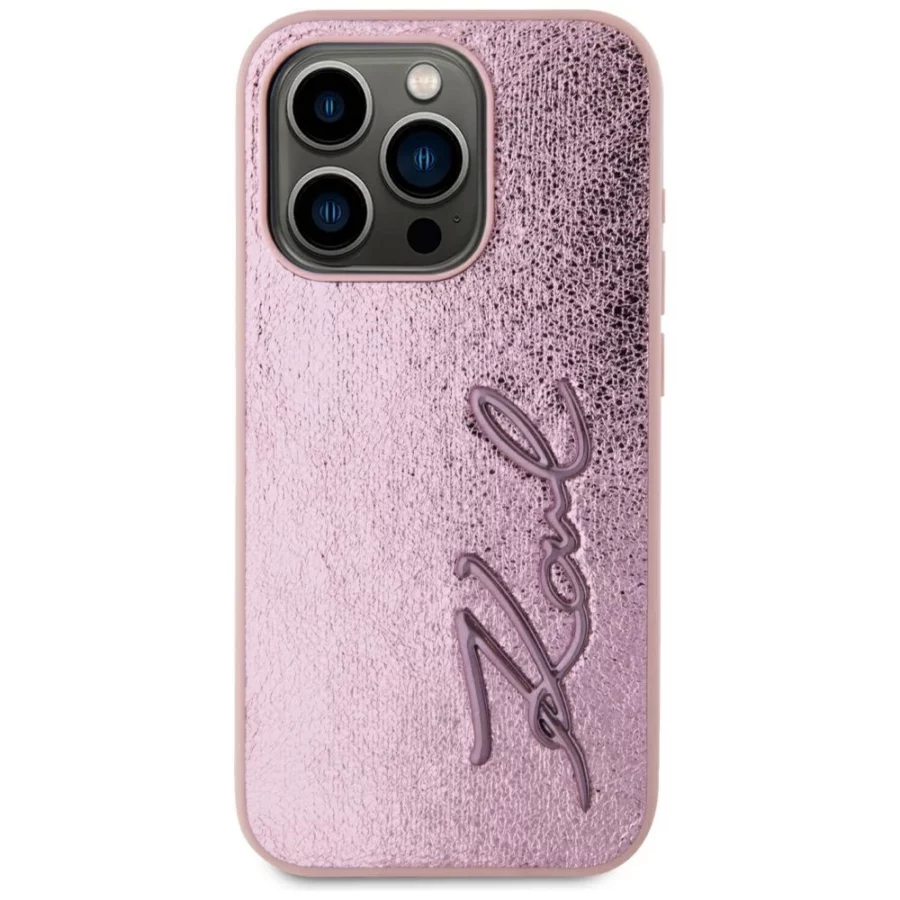 Etui Karl Lagerfeld Wrinkled Metal Signature na iPhone 15 Pro - różowe