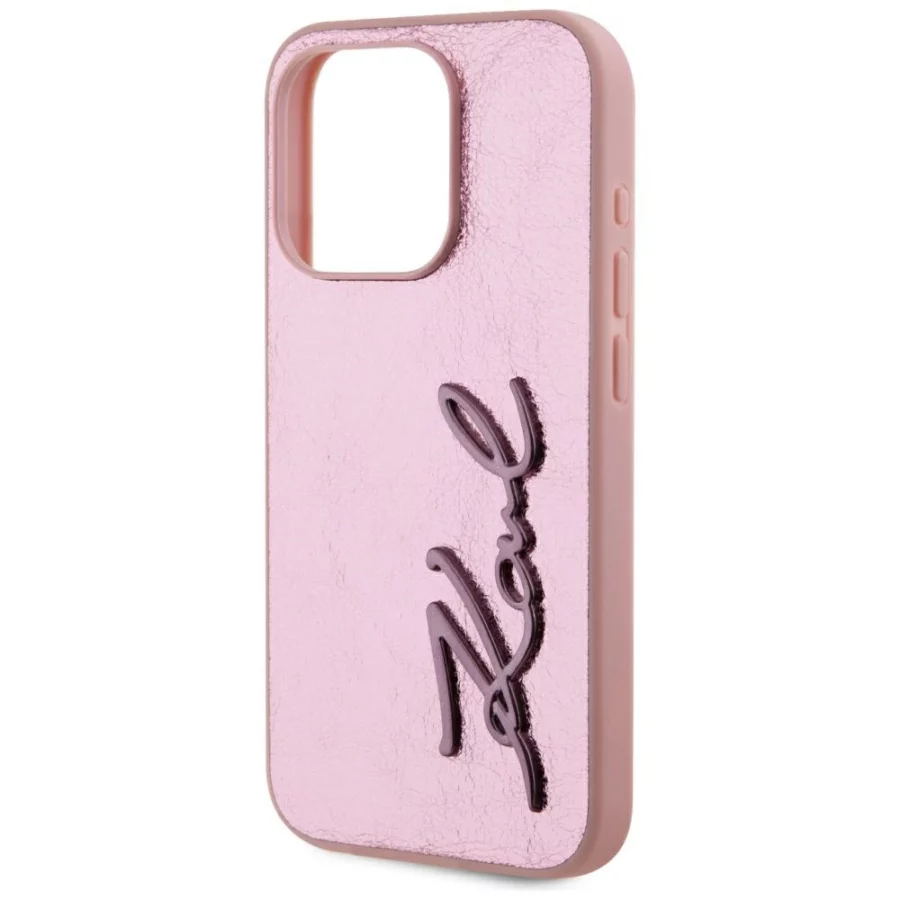Etui Karl Lagerfeld Wrinkled Metal Signature na iPhone 15 Pro - różowe