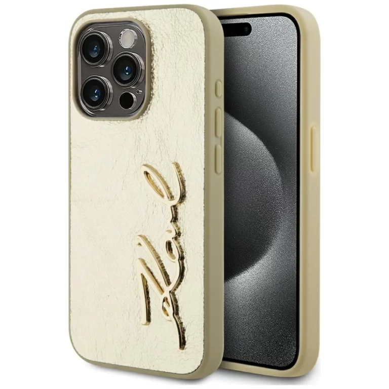 Etui Karl Lagerfeld Wrinkled Metal Signature na iPhone 15 Pro - złote