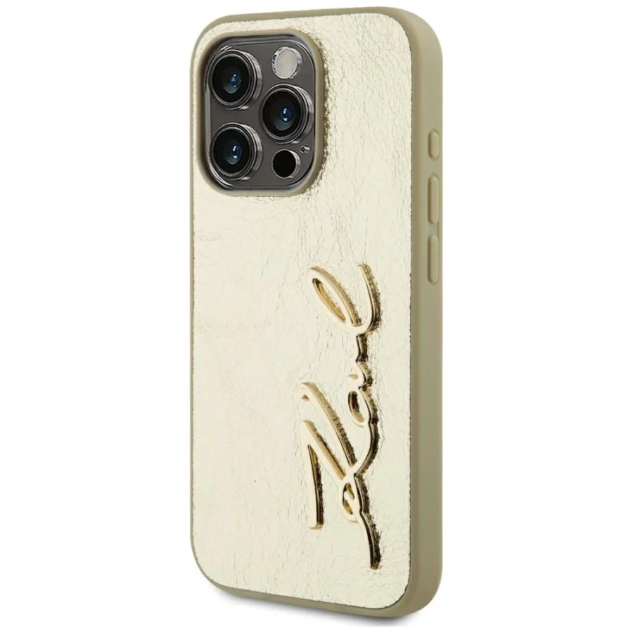 Etui Karl Lagerfeld Wrinkled Metal Signature na iPhone 15 Pro - złote