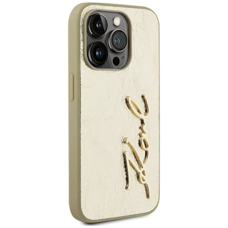 Etui Karl Lagerfeld Wrinkled Metal Signature na iPhone 15 Pro - złote