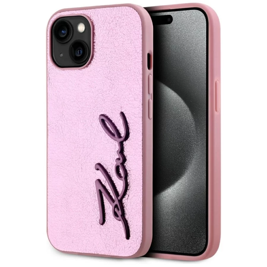 Etui Karl Lagerfeld Wrinkled Metal Signature na iPhone 15 - różowe
