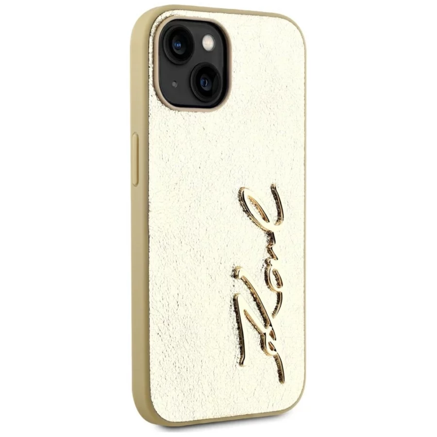 Etui Karl Lagerfeld Wrinkled Metal Signature na iPhone 15 - złote