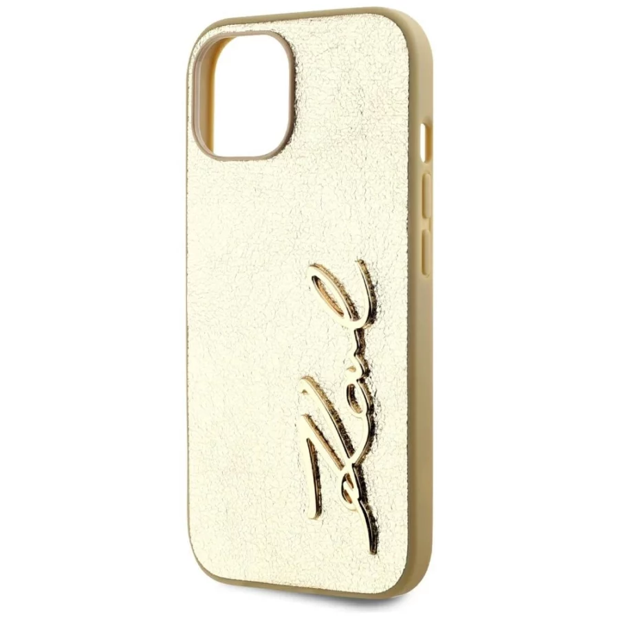 Etui Karl Lagerfeld Wrinkled Metal Signature na iPhone 15 - złote