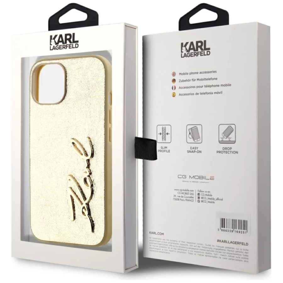 Etui Karl Lagerfeld Wrinkled Metal Signature na iPhone 15 - złote