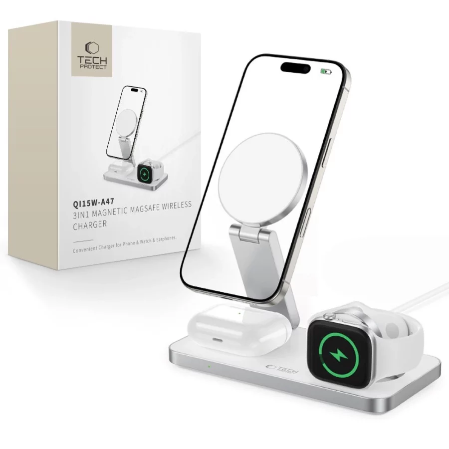Ładowarka indukcyjna Tech-Protect QI15W-A47 MagSafe 3w1 + kabel USB-C - biała