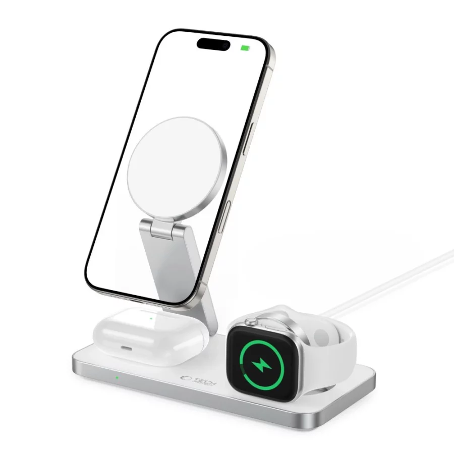 Ładowarka indukcyjna Tech-Protect QI15W-A47 MagSafe 3w1 + kabel USB-C - biała