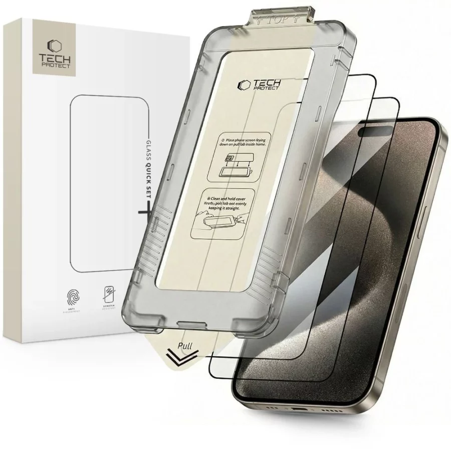 Szkło hartowane Tech-Protect Quick Set+ 2-pack na iPhone 15 Pro - czarne