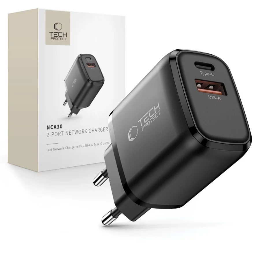 Ładowarka sieciowa Tech-Protect NCA30 PD 30W / QC3.0 USB-A / USB-C- czarna
