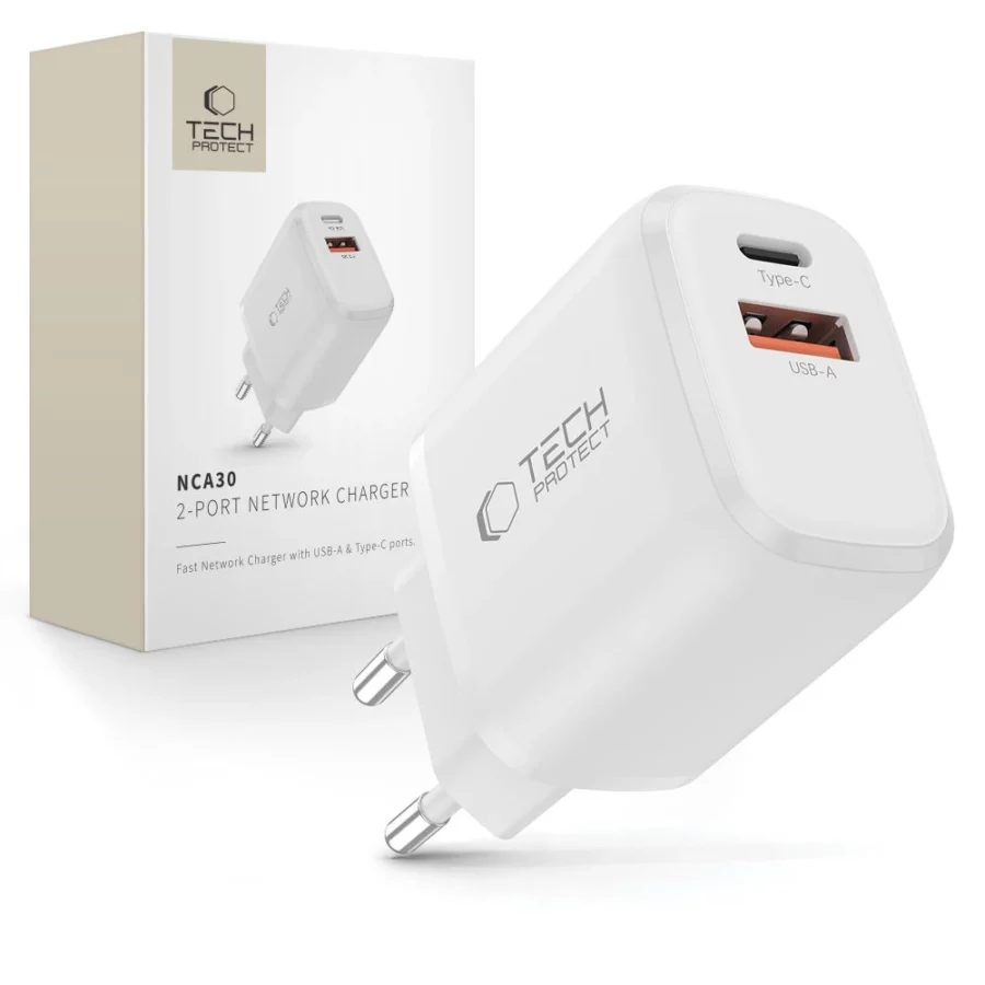 Ładowarka sieciowa Tech-Protect NCA30 PD 30W QC3.0 USB-A / USB-C- biała