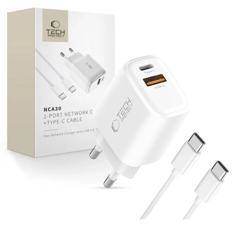 Ładowarka sieciowa Tech-Protect NCA30 PD 30W QC3.0 USB-A / USB-C + Kabel USB-C / USB-C 100cm - biała
