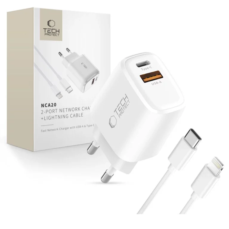 Ładowarka sieciowa Tech-Protect NCA20 PD 20W QC3.0 USB-A / USB-C + Kabel USB-C / Lightning 100cm - biała