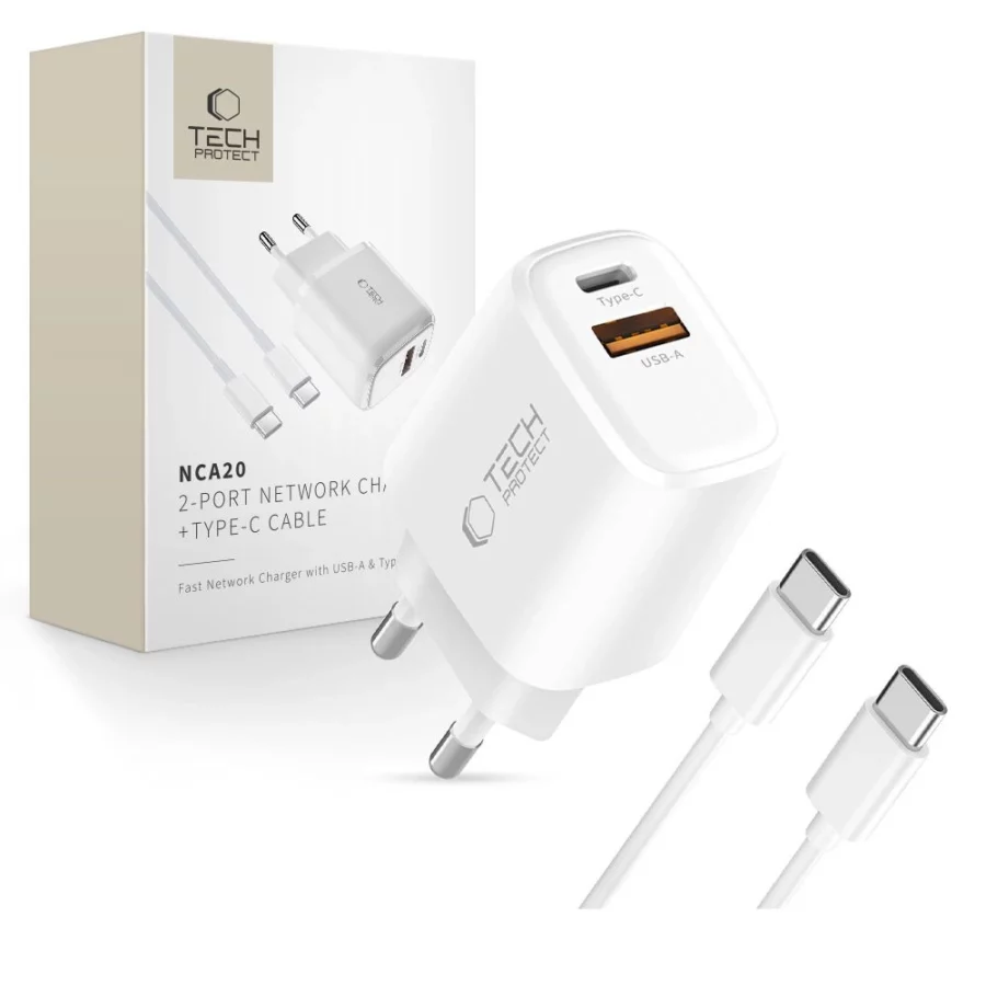 Ładowarka sieciowa Tech-Protect NCA20 PD 20W QC3.0 USB-A / USB-C + Kabel USB-C / USB-C 100cm - biała