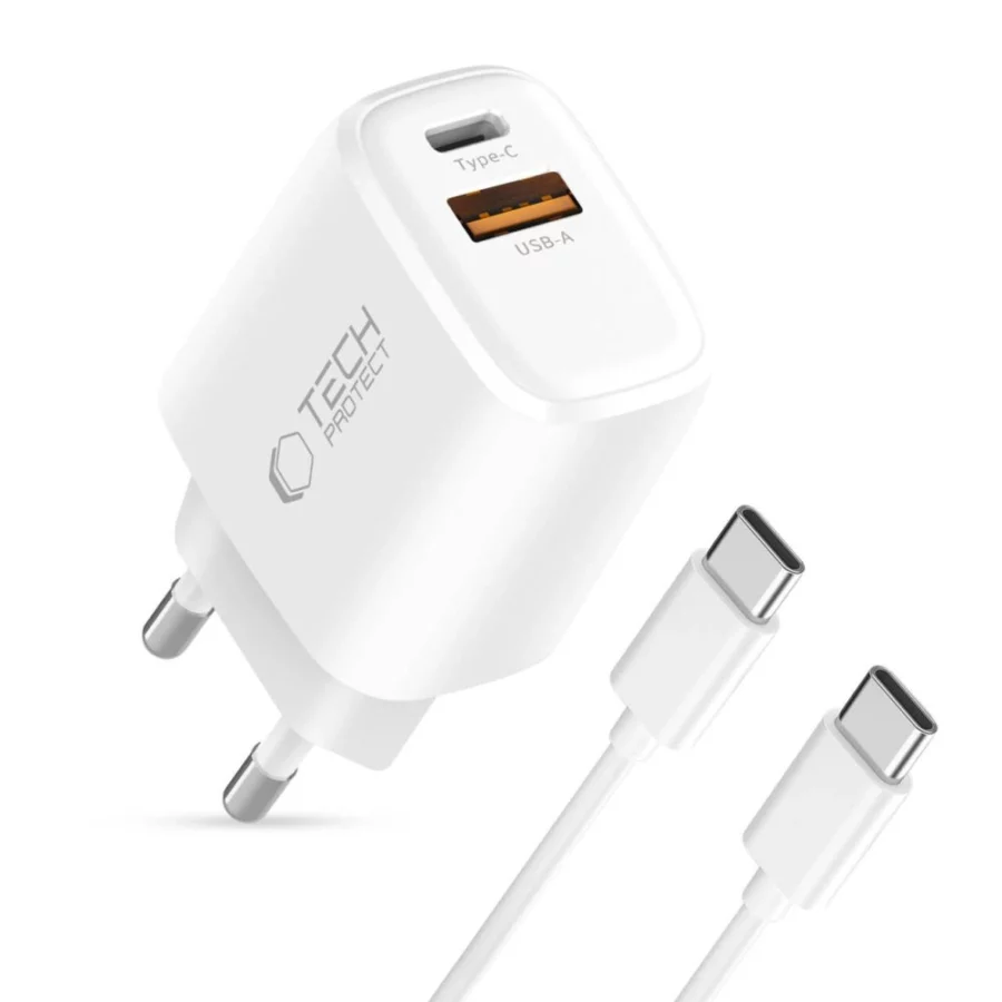 Ładowarka sieciowa Tech-Protect NCA20 PD 20W QC3.0 USB-A / USB-C + Kabel USB-C / USB-C 100cm - biała
